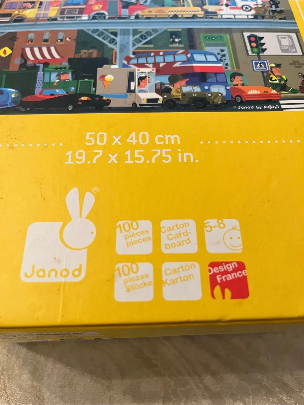 Janod Round Kids Puzzle & Play Case - Blue/Yellow Vehicle Print EUC